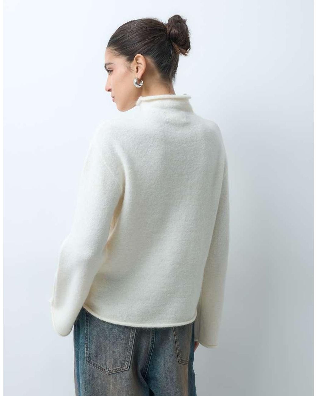 Gina Tricot White Wide Sleeve High Neck Knitted Top With Button Detail