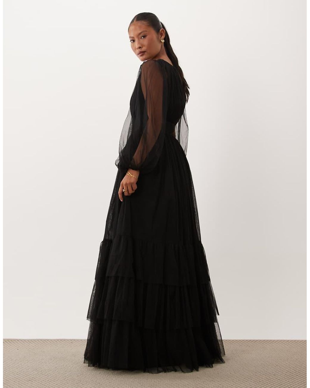LACE & BEADS Black Bridesmaid Tulle Sheer Sleeve Plunge Neck Tiered Maxi Dress