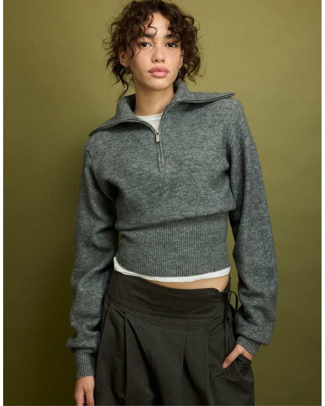 Stradivarius Green Knit Jumper With Padded Shoulders And Quarter-zip