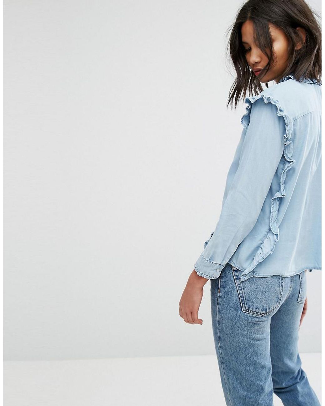 Mango Frill Denim Shirt in Blue | Lyst