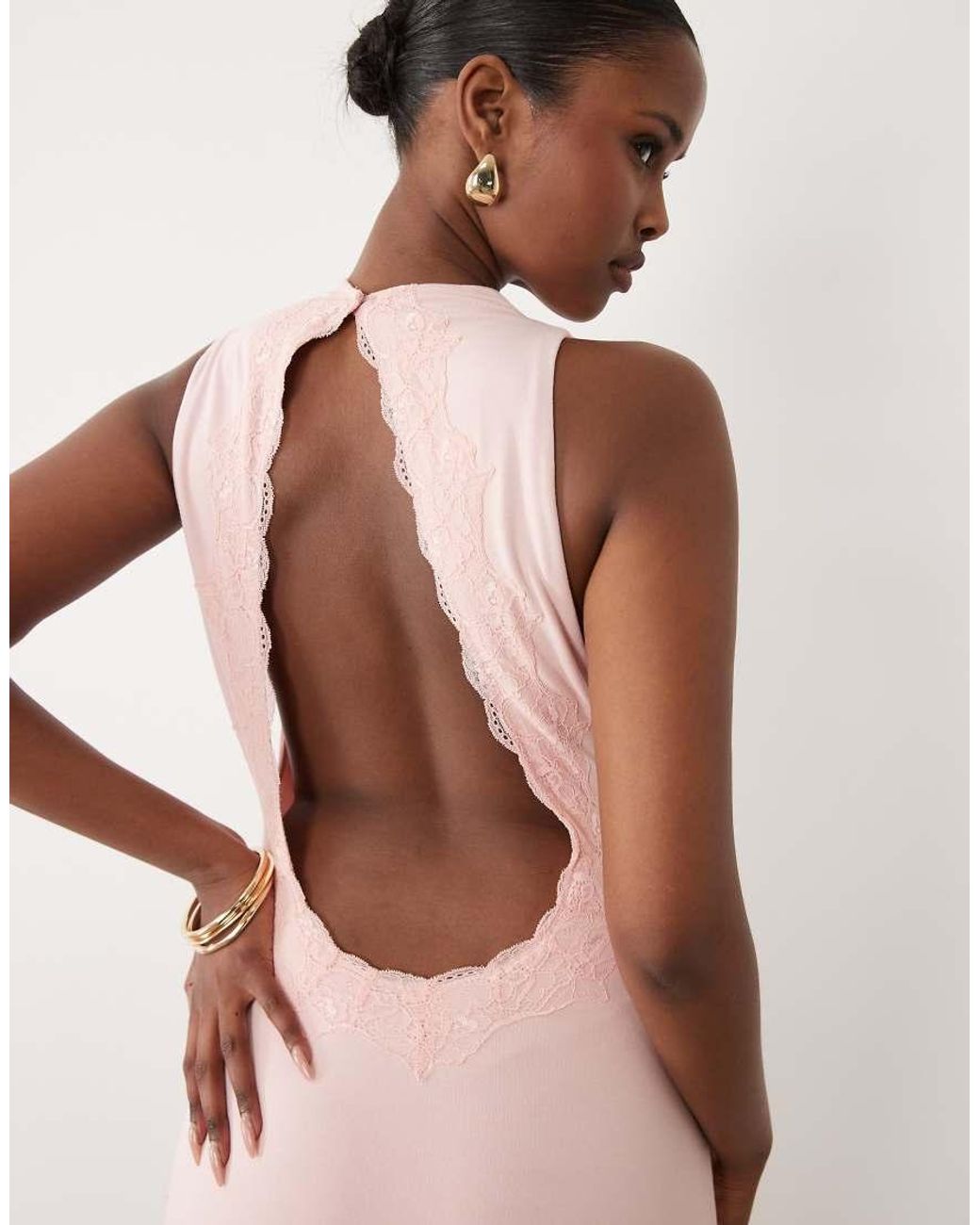 Oh Polly Natural Modal Halter Neck Open Back Detail Lace Trim Maxi Dress
