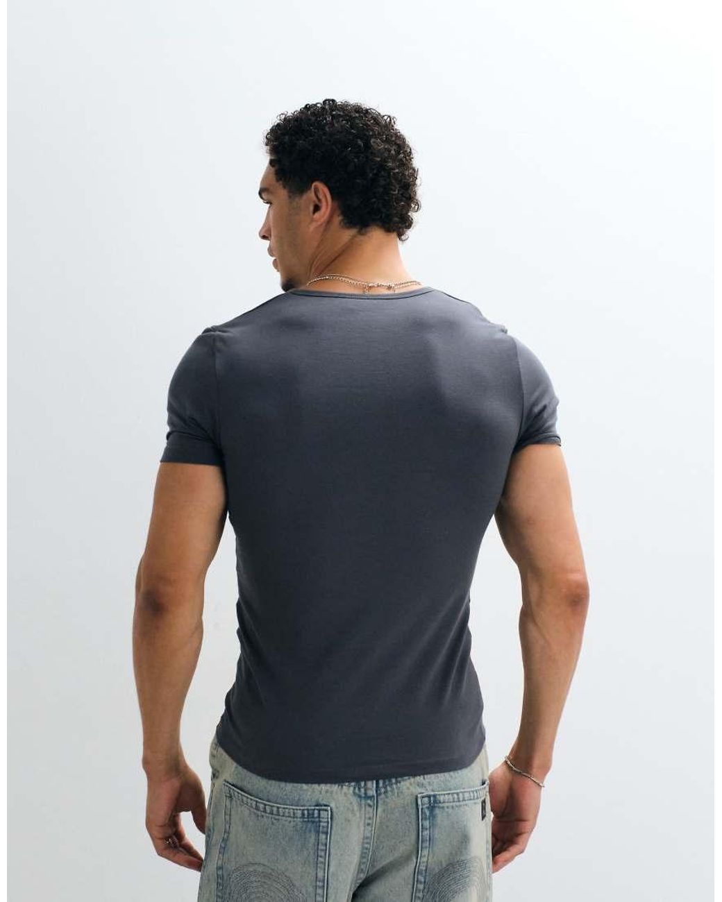 ASOS Blue Muscle Henley T-shirt With Chest Graphic for men