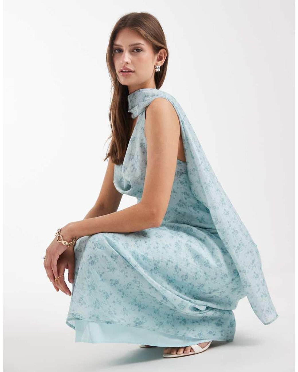 ASOS Blue Satin Scarf Cowl Neck Maxi Dress