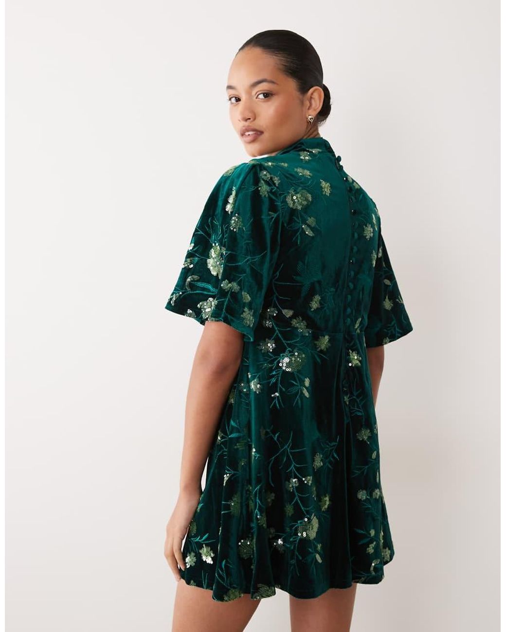 Sister Jane Green Velvet Flutter Sleeve Mini Dress With Floral Embroidery