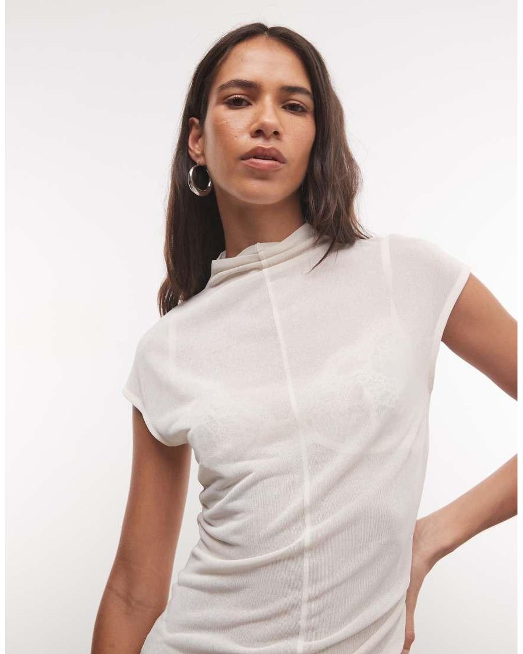 ASOS White Sheer High Neck Short Sleeve Top With Seam Detail