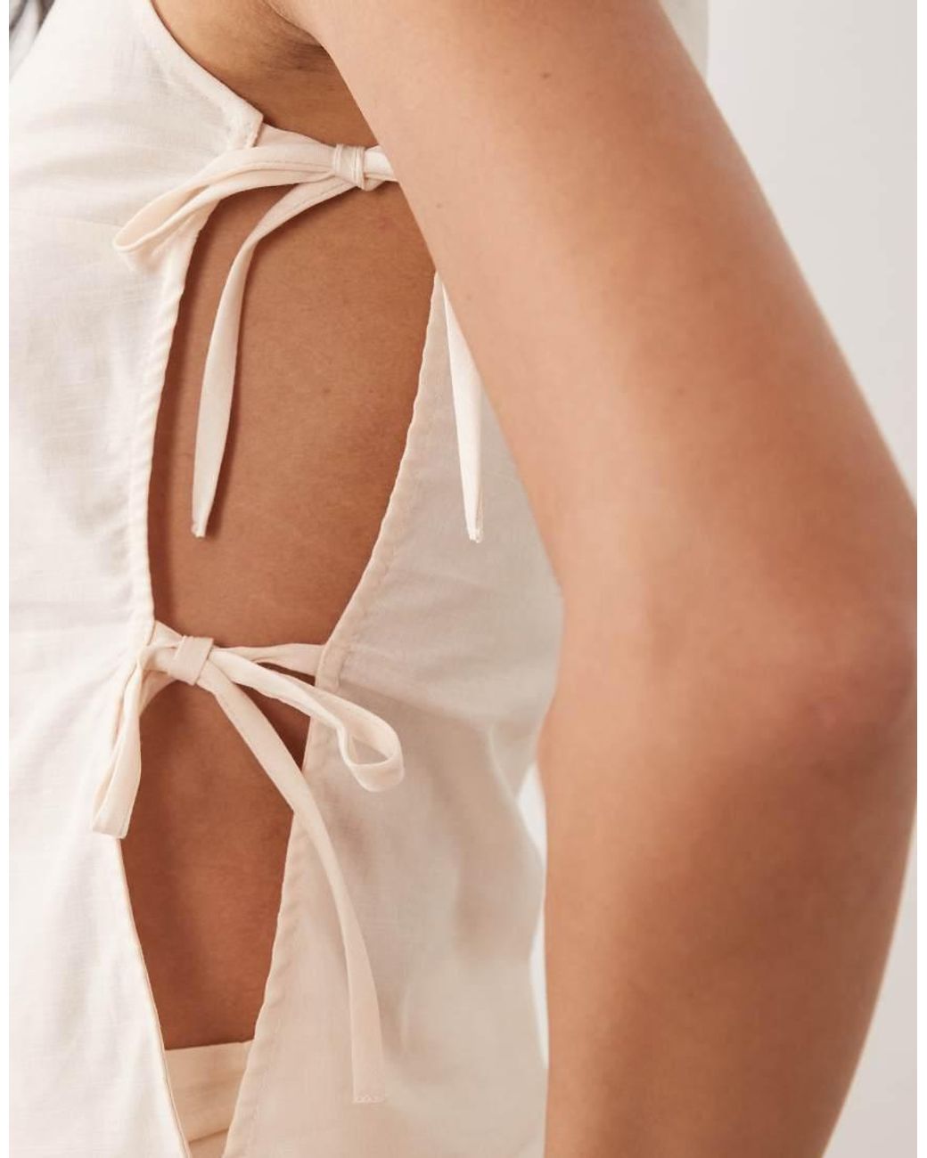 Kaiia Natural Exclusive Linen Blend Open Tie Side Detail Asymmetric Shoulder Top