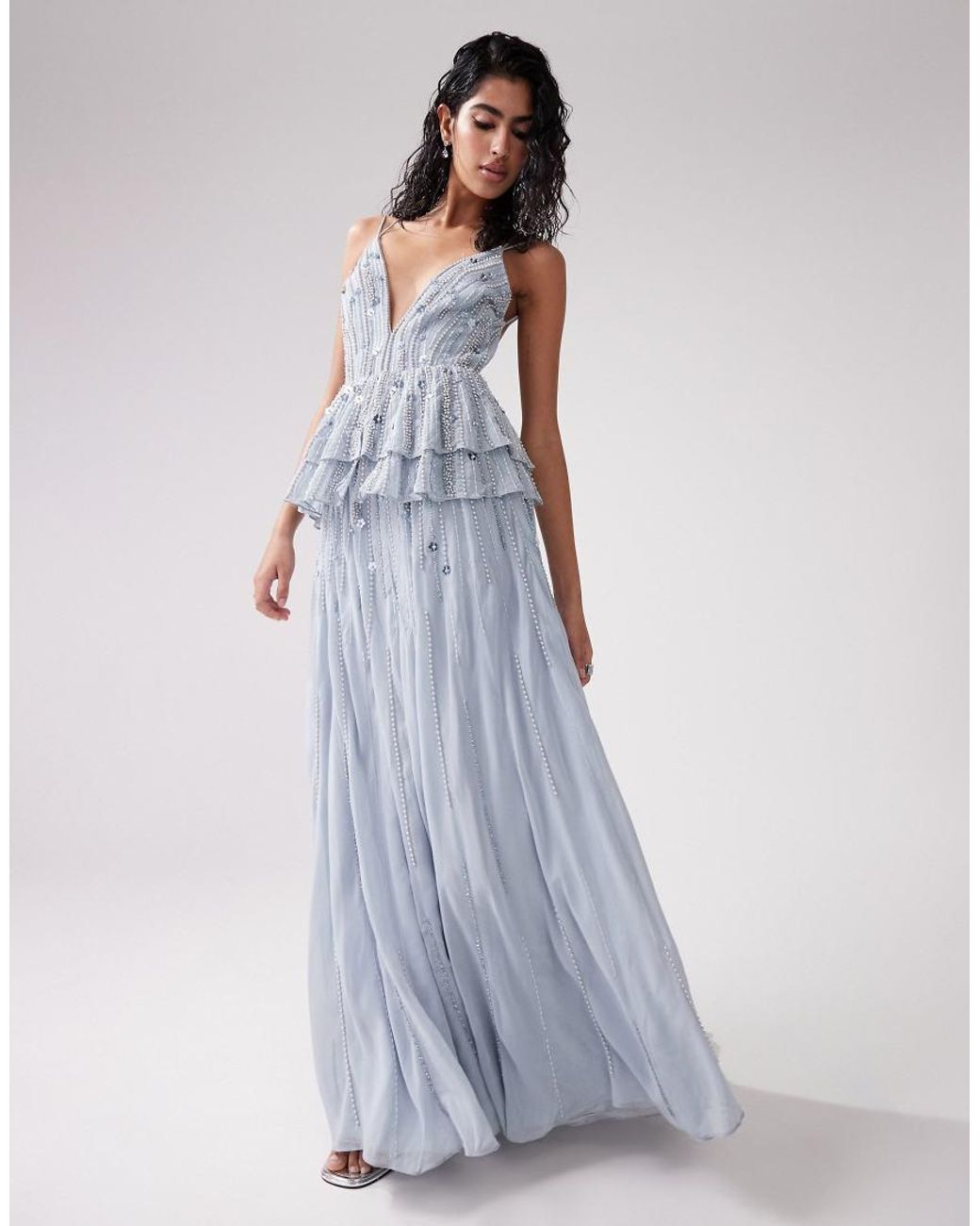 ASOS Cami Maxi Dress With Floral Embellishment And Tiered Peplum in White |  Lyst UK