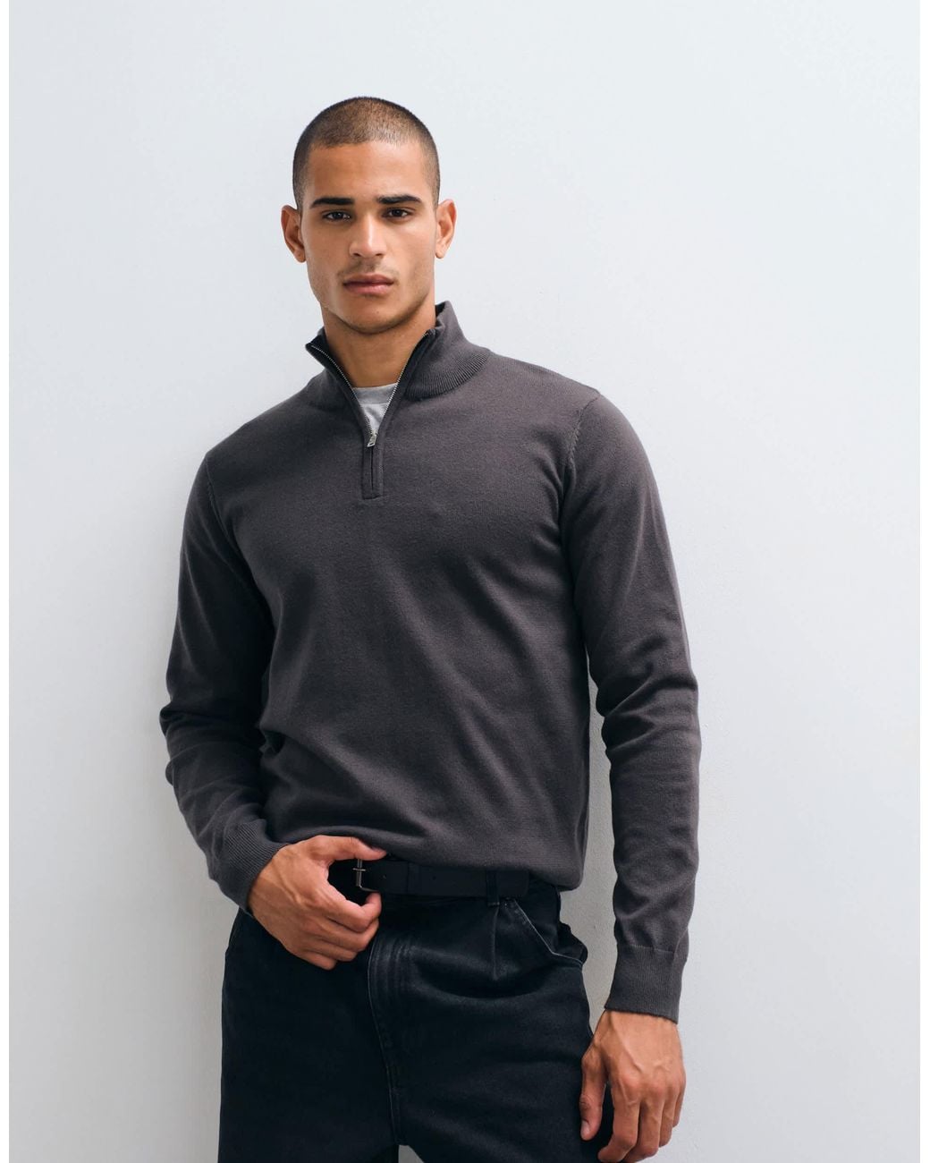 Threadbare Blue Knitted Quarter Zip Jumper for men