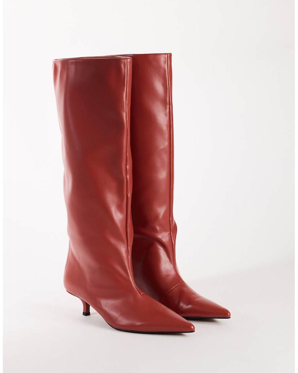 TOPSHOP Red Tina Real Leather Kitten Heel Knee Boot