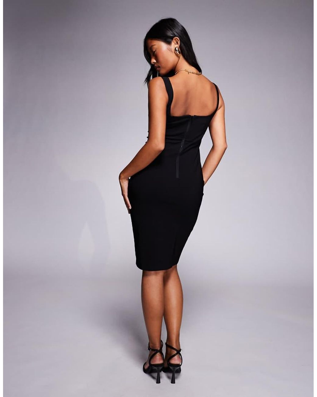 Vesper Petite Black Square Neck Bodycon Midi Dress