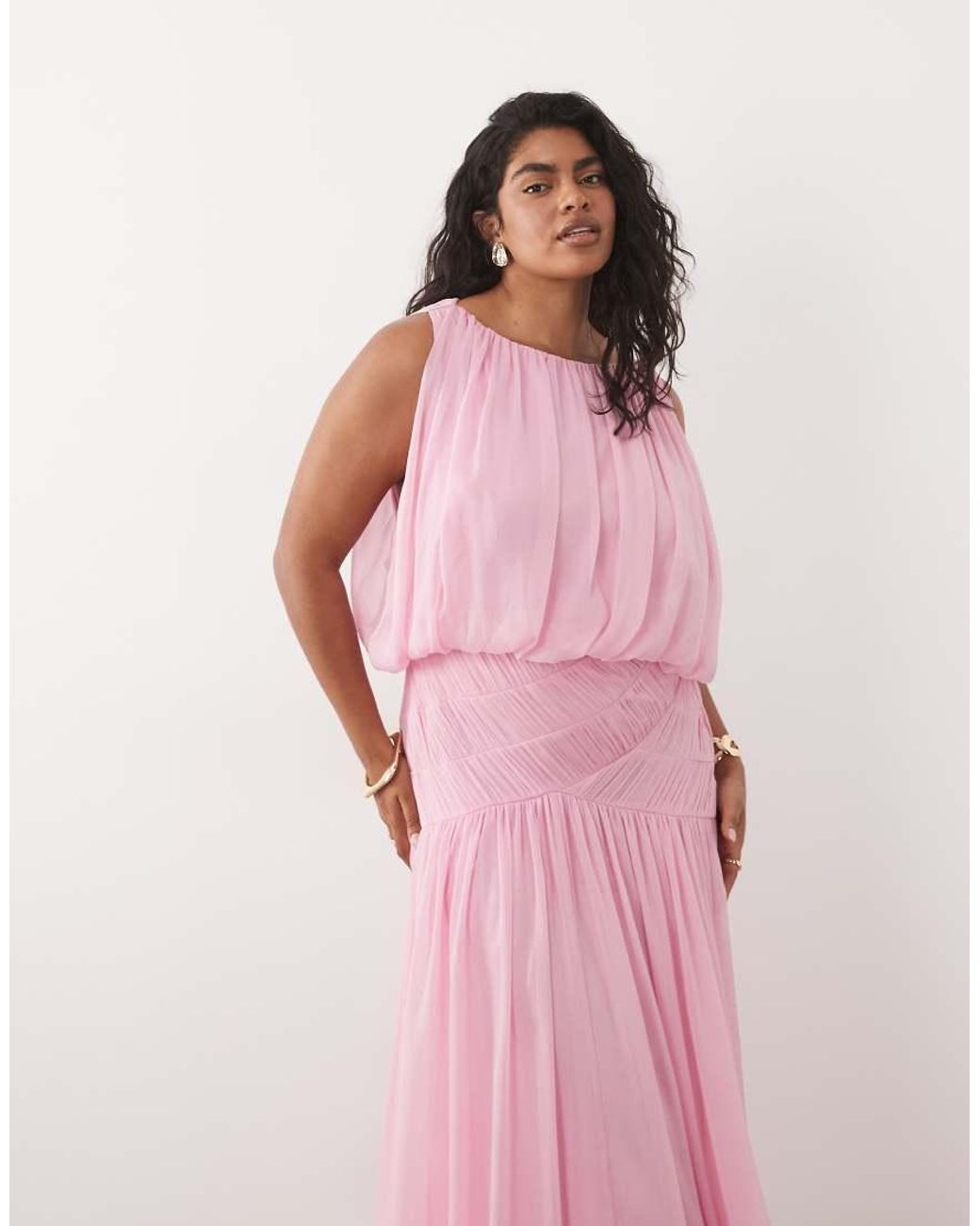 ASOS Pink Asos Design Curve Draped Gauged Ruched Waist Detail Maxi Dress