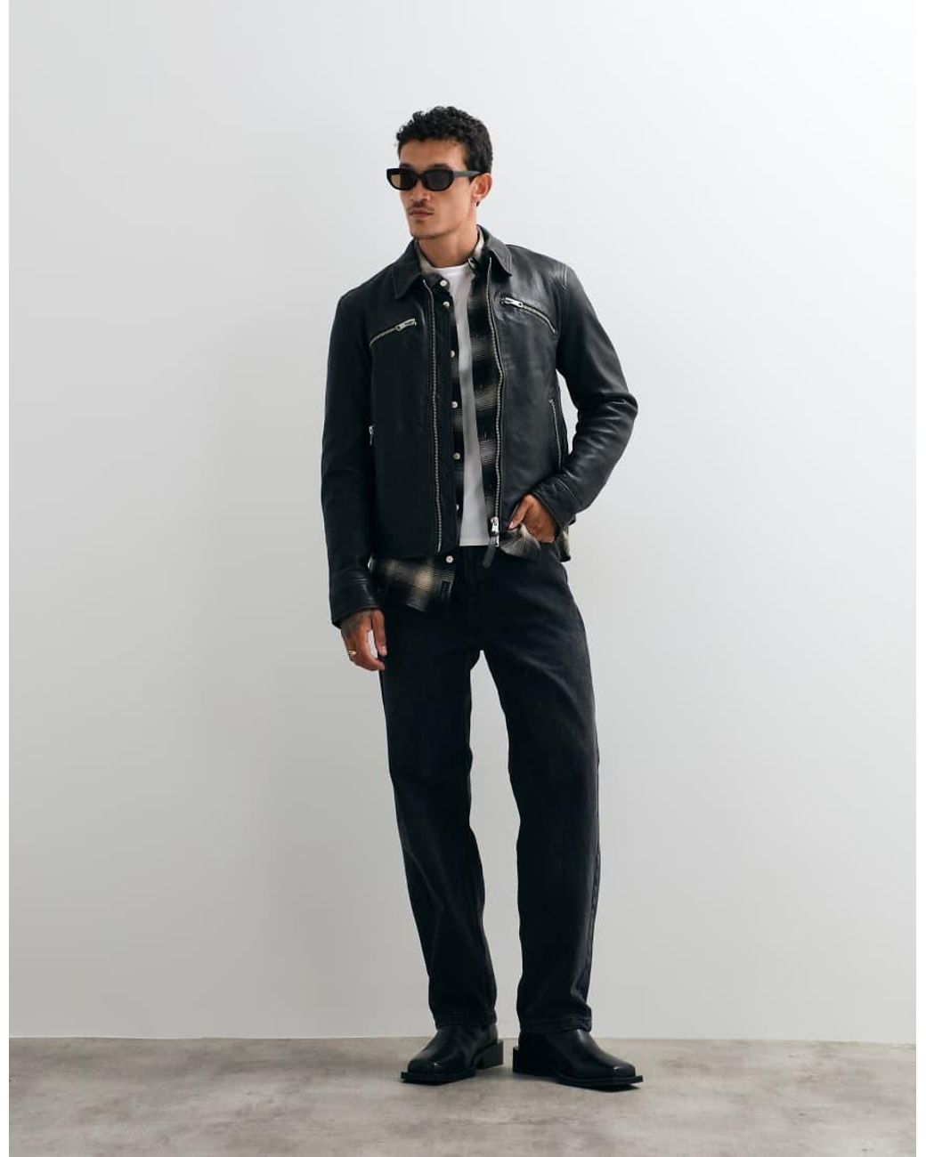 AllSaints Blue Verdi Zip Through Lambs Leather Jacket for men