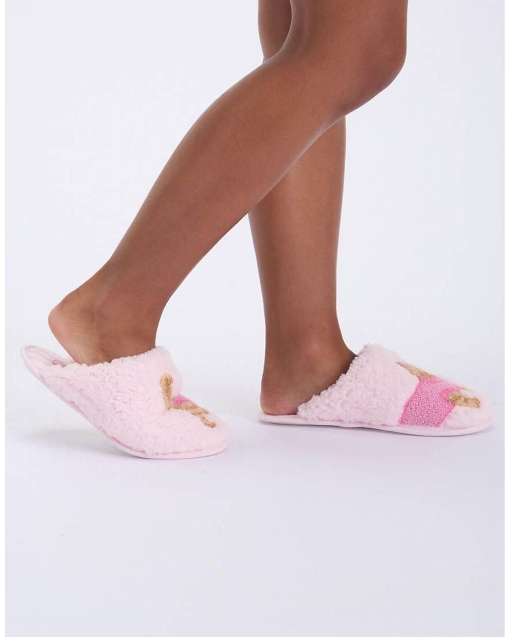 Boux Avenue Pink Cosy Soft Cat Teddy Fleece Borg Mule Slippers
