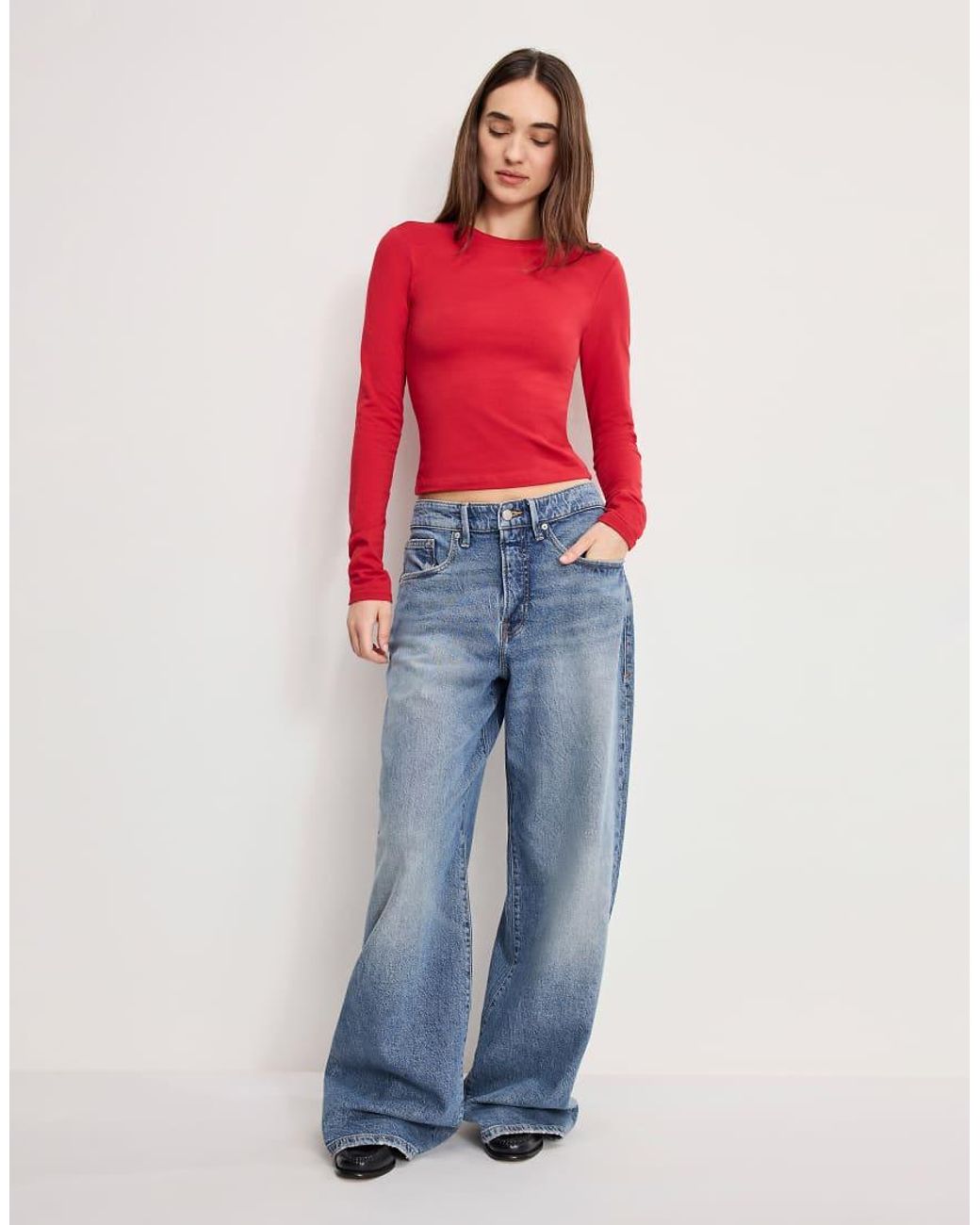 GOOD AMERICAN Katoenrijke Top Met Ronde Hals En Lange Mouwen in het Red