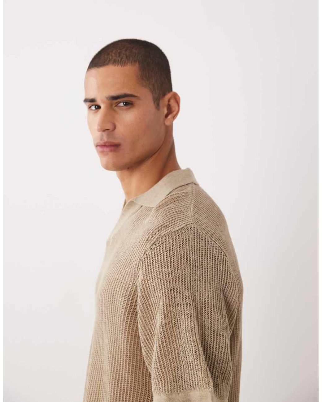ASOS Natural Oversized Knitted Short Sleeve Notch Neck Polo for men
