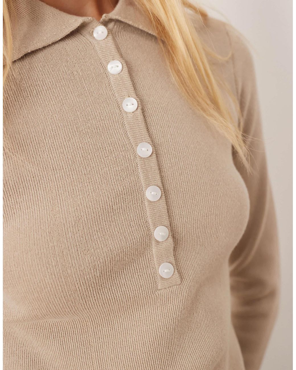 Pretty Lavish Natural Button Knit Polo Top
