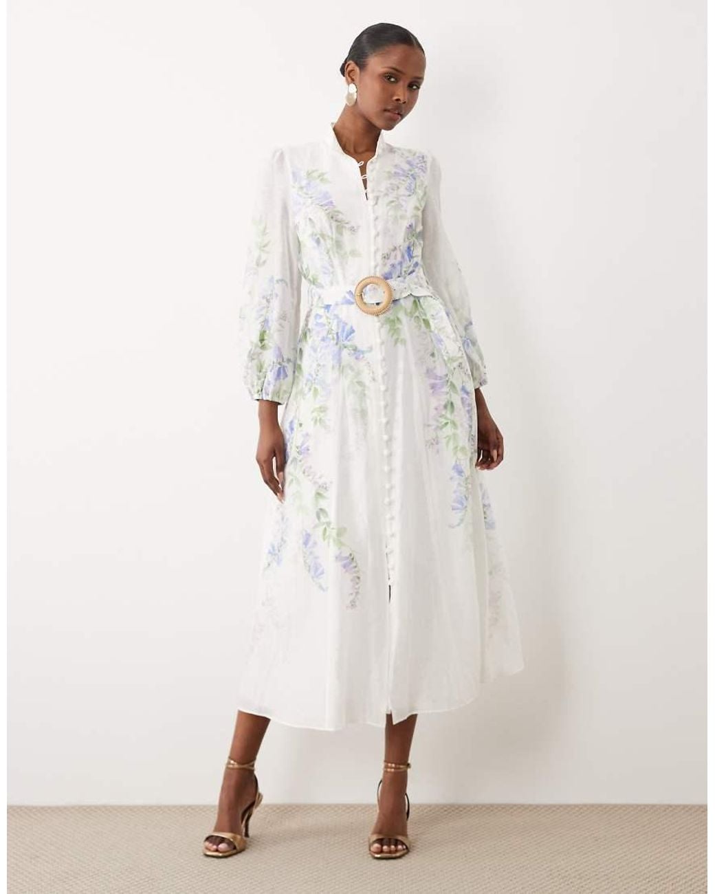 Forever New Natural Cotton Balloon Sleeve Button Through Belt Detail Midi Dress