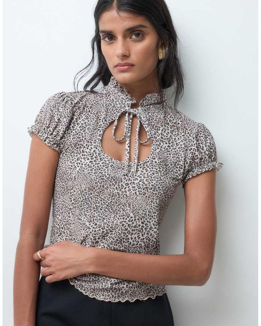Miss Selfridge Gray Leopard Print Tie Neck Top