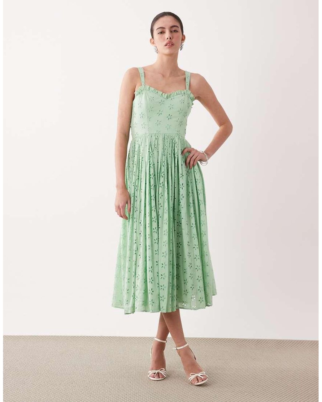 LACE & BEADS Green Broderie Cotton Corset Midaxi Dress