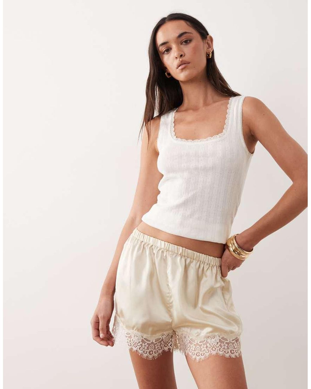 ASOS Natural Satin And Lace Trim Shorts