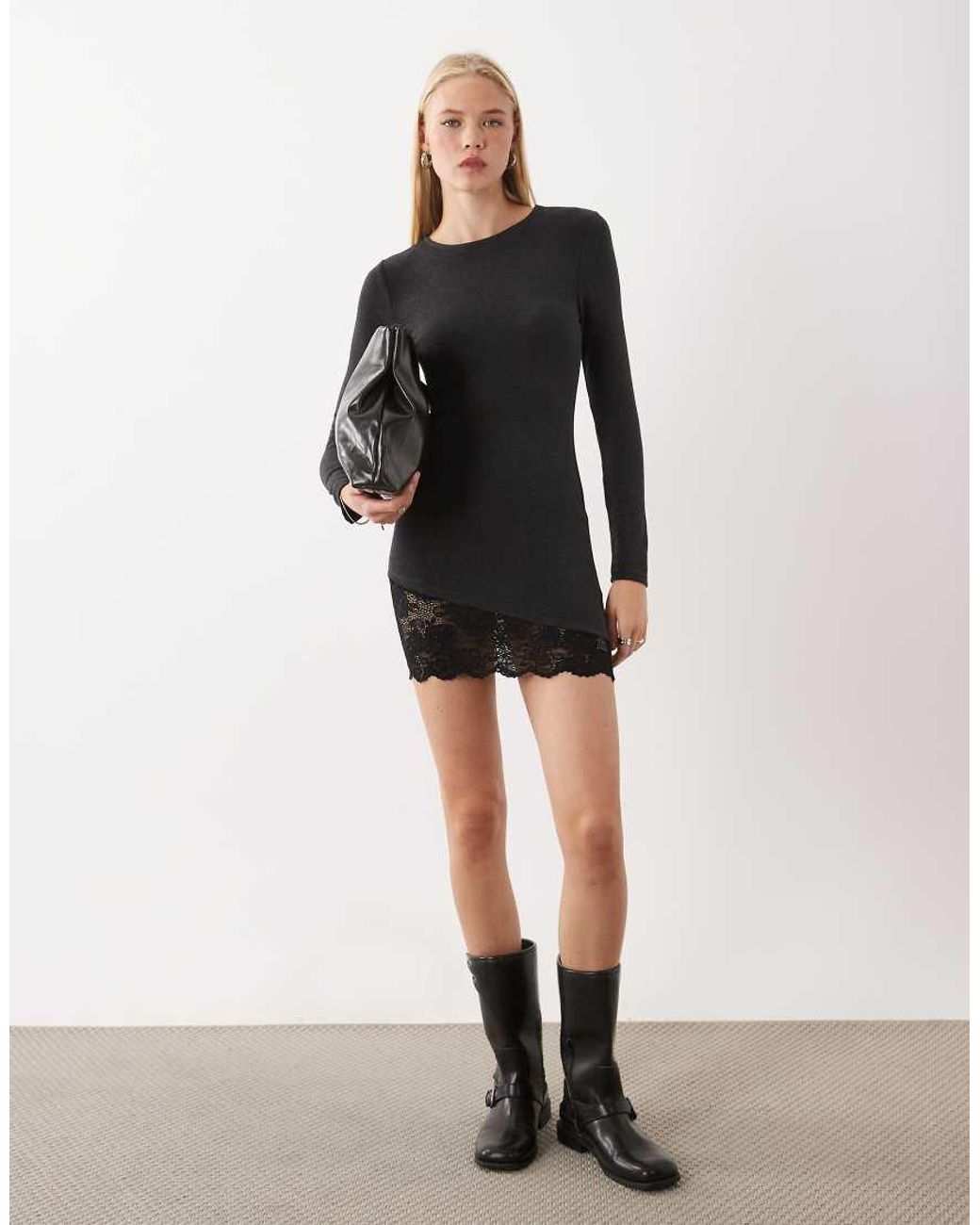 ASOS Black Long Sleeve Mini Dress With Lace Trim
