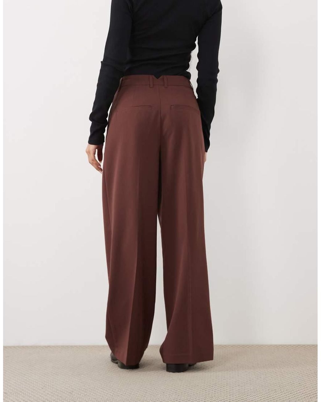 ASOS Brown Petite Tailored Wide Leg Trousers With Pleat Detail