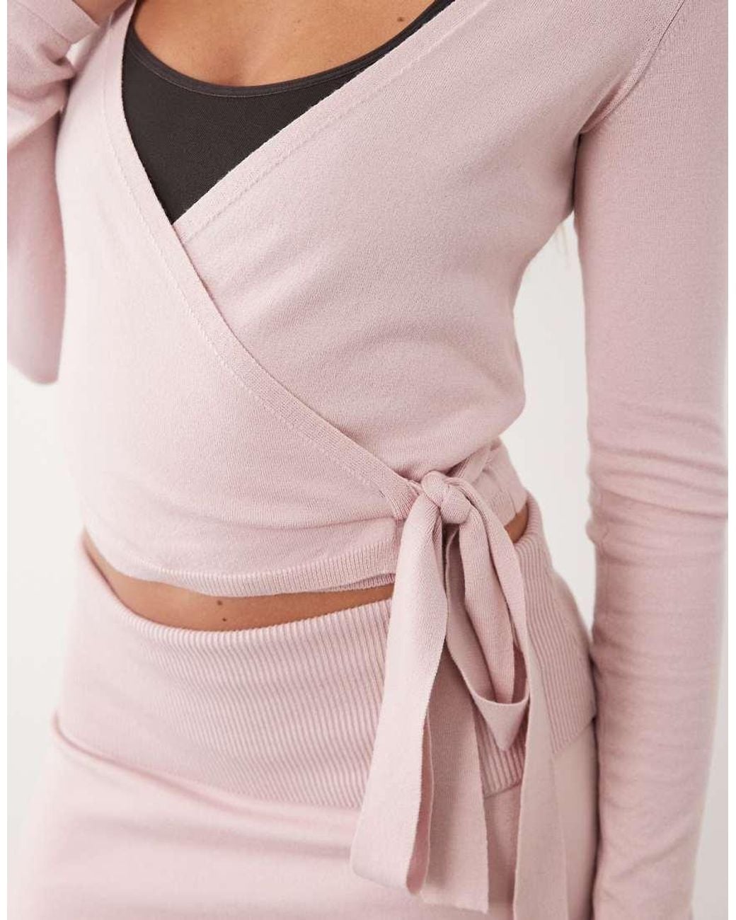 BO+TEE Pink Soft Knit V-Neck Tie Detail Wrap Ballet Top Co-Ord