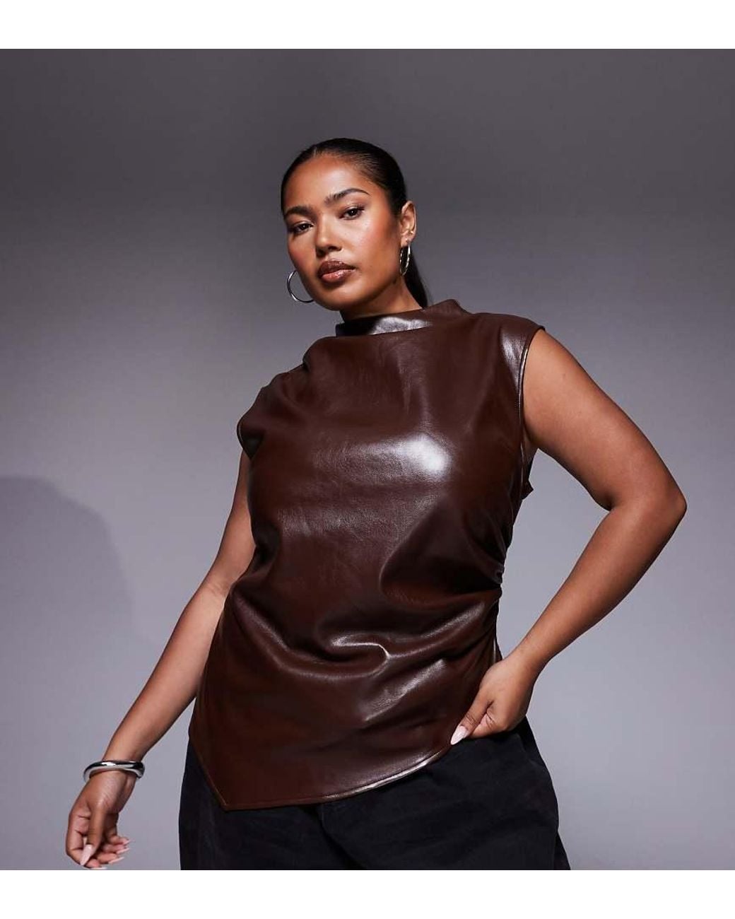 ASOS Brown Asos Design Curve Leather Look Drape High Neck Asymmetric Smart Top
