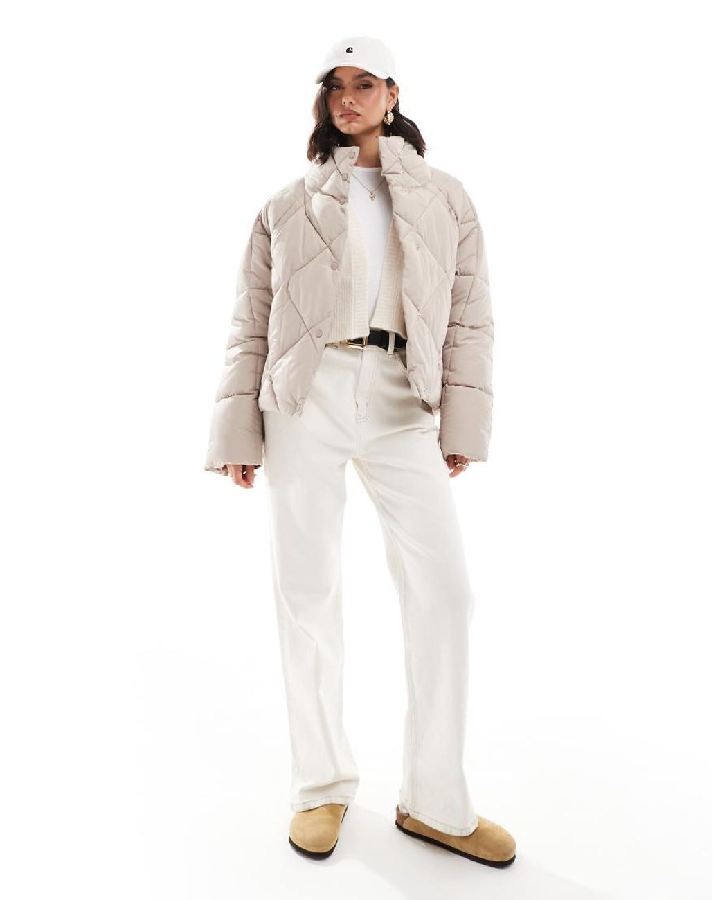 Miss Selfridge Oversized Quilted Funnel Neck Crop Puffer Jacket in Natural Lyst UK