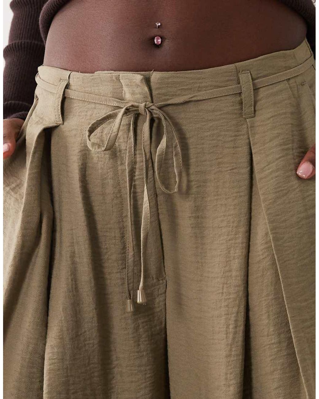 ASOS Natural Textured Wide Leg Trousers With Tie Waist
