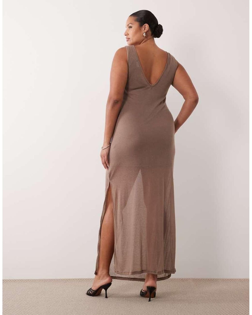 ASOS Brown Asos Design Curve Semi Sheer Knit Look Column Maxi Dress With Twist Bust Detail