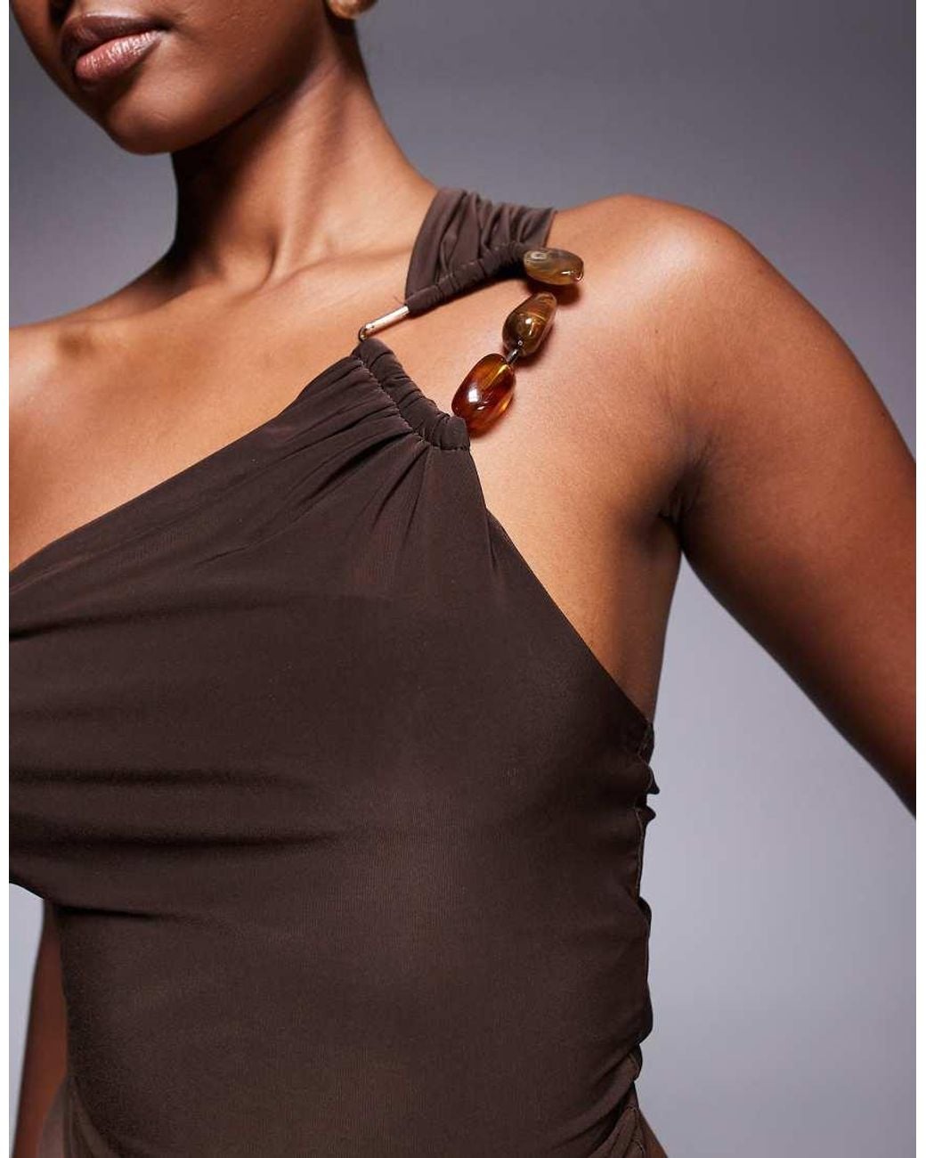 ASOS Brown Slinky One-shoulder Top With Large Trim Detail