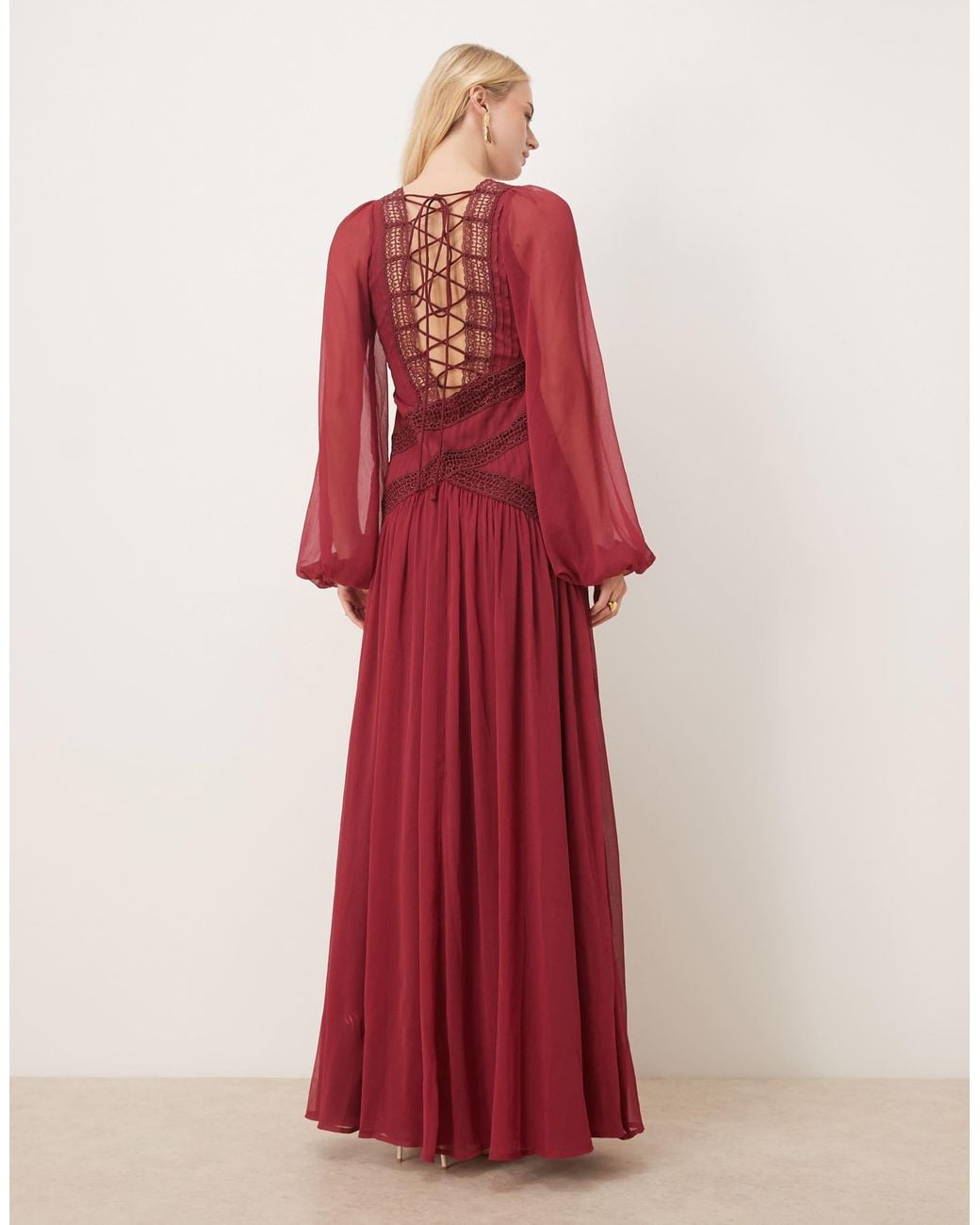 ASOS Red Asos Design Tall Long Sleeved Asymmetric Neckline Maxi Dress With Lace Trim