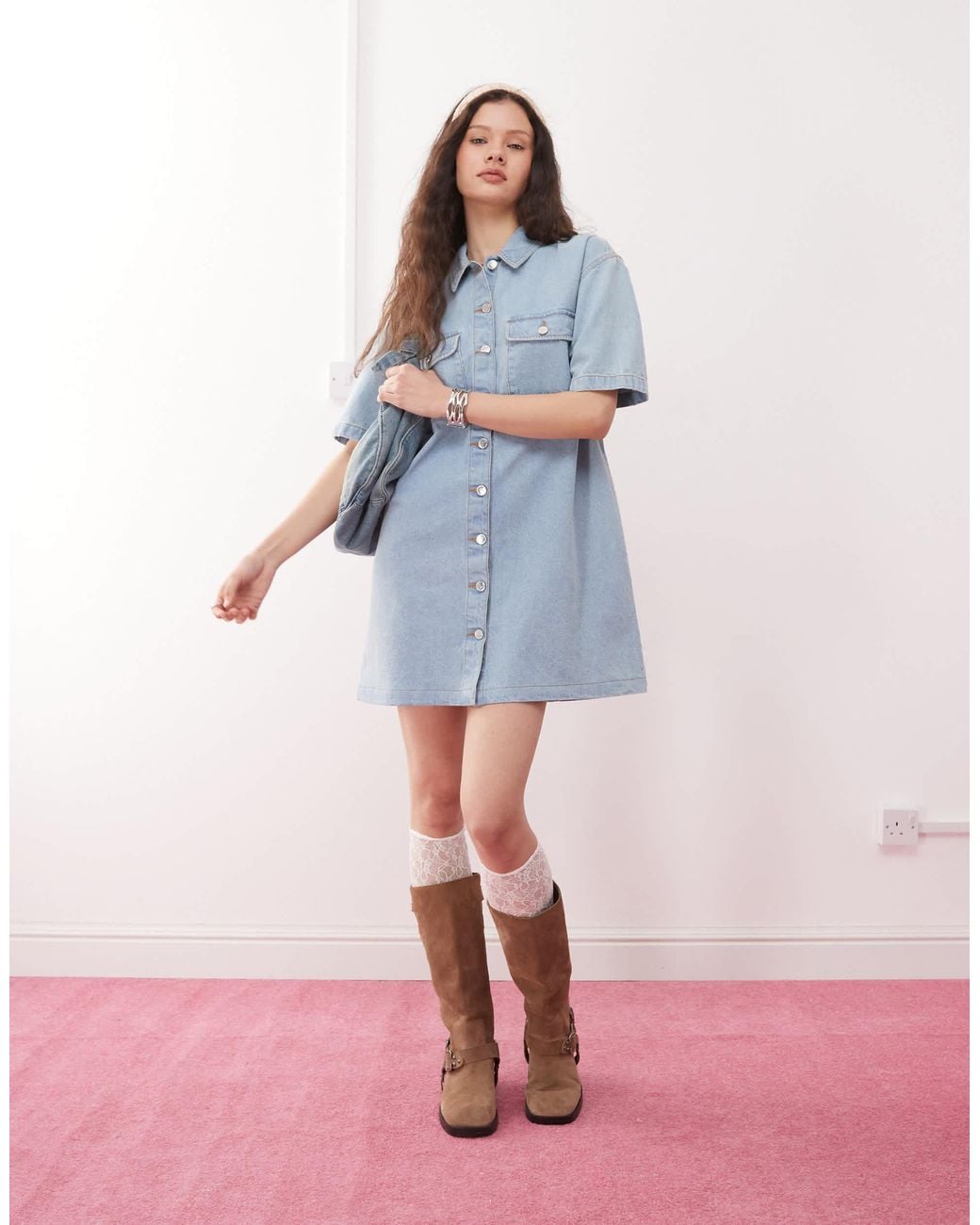 Miss Selfridge Oversized Short Sleeve Denim Shirt Dress in Blue