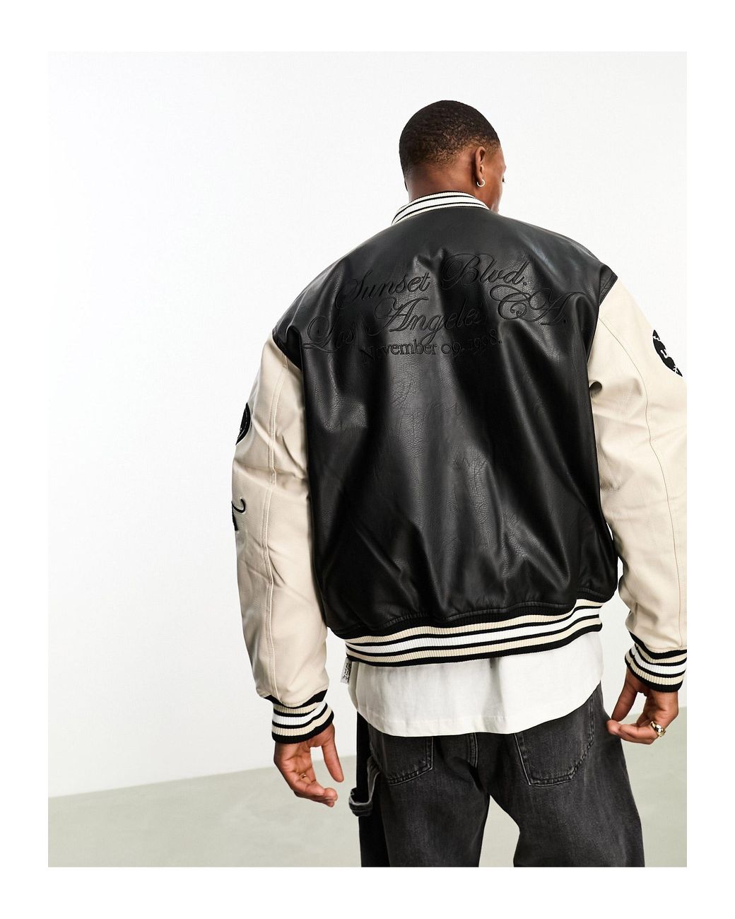 【BLACK】Faux leather varsity jkt bershka-Black-Faux-Leather-