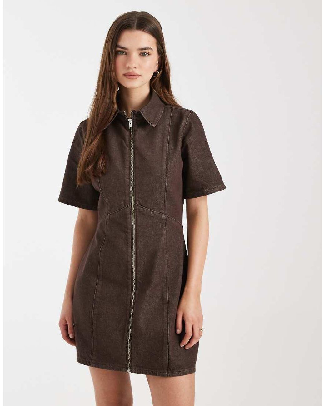 ASOS Brown Denim Zip Up Mini Dress