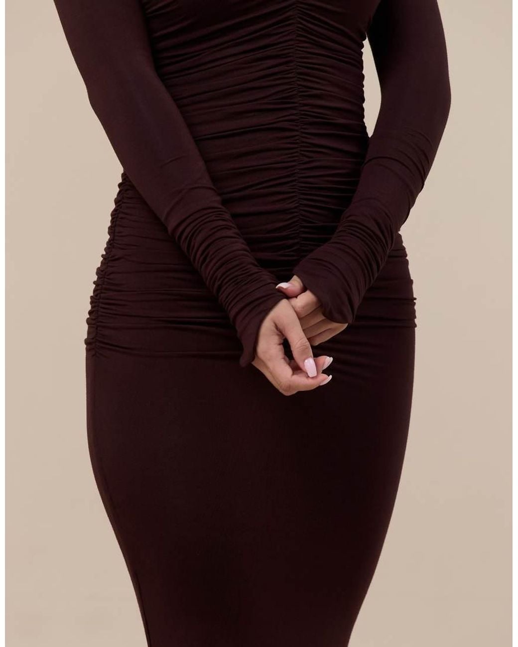 Wanderdoll Natural Wanderoll Tandie Sculpted Bardot Ruched Detail Maxi Dress