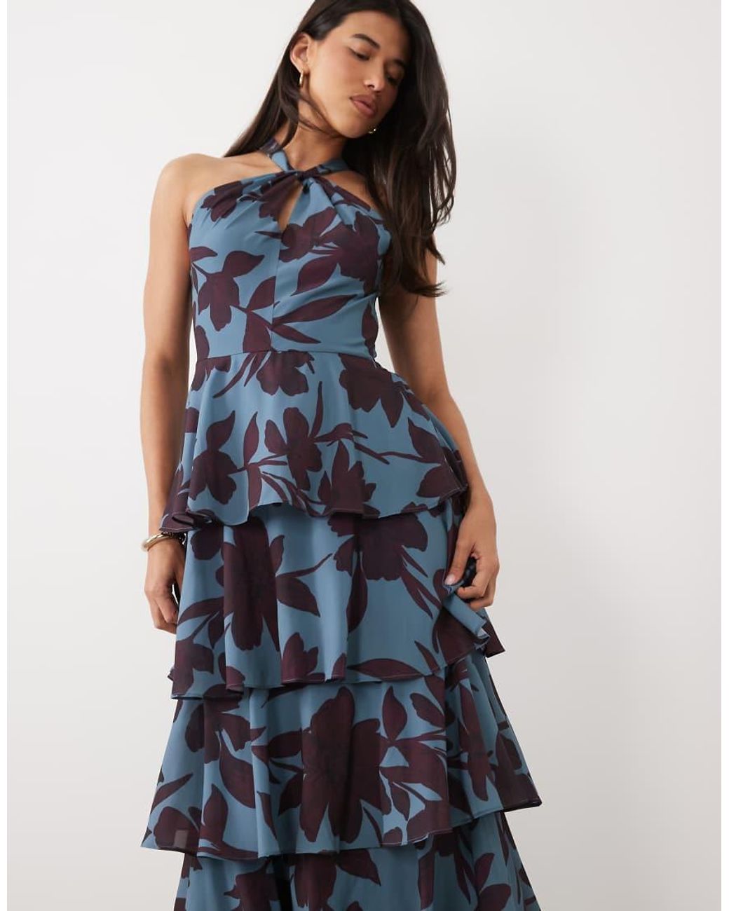 Pretty Lavish Blue Chiffon Halter Neck Keyhole Detail Tiered Maxi Dress