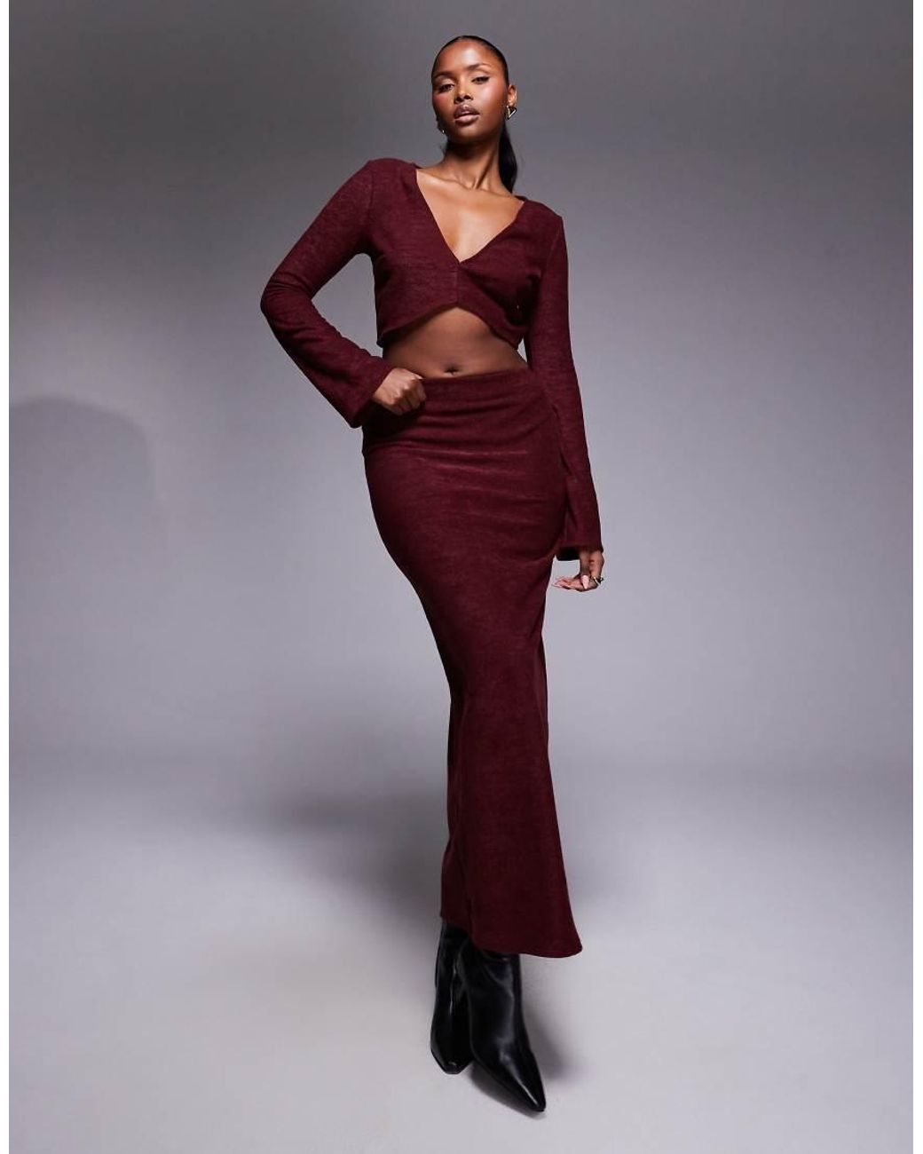 ASOS Red Co-Ord Brushed Rib V Front Crop Top With Flare Sleeve
