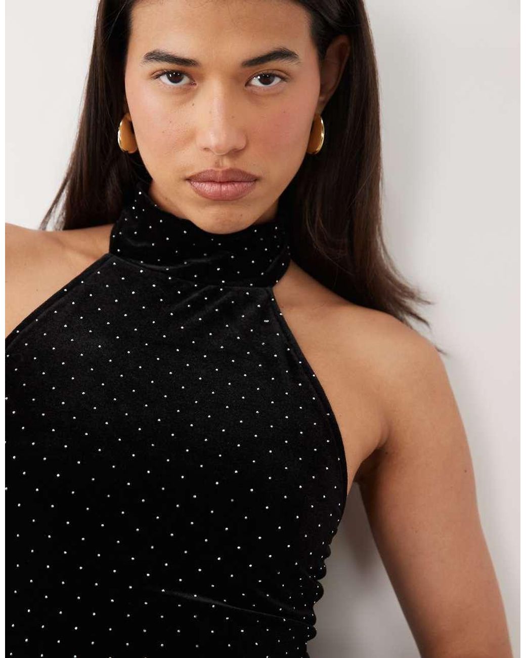 Ruched & Ready Black High Neck Racer Halterneck Velvet Hotfix Bodysuit Co-Ord