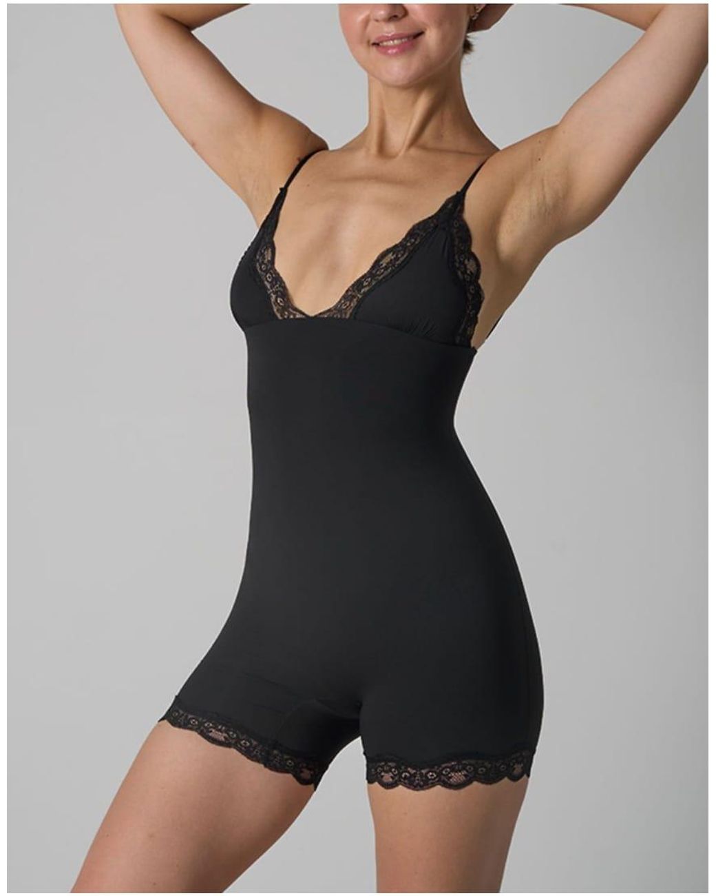 agon® Black Lace Trim Deep V-Neck Cami Bodysuit