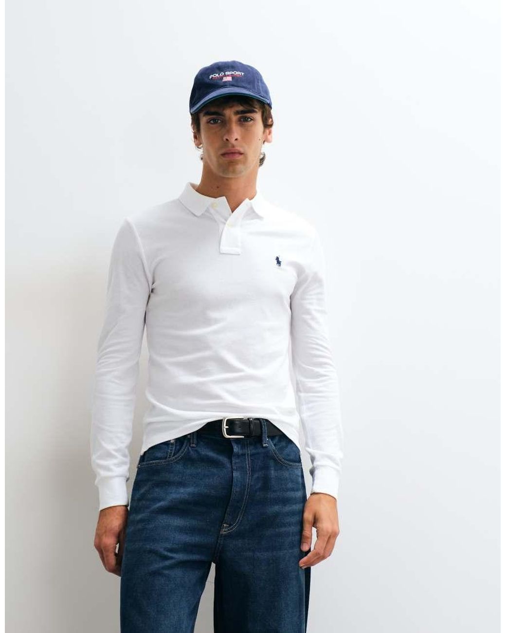 Polo Ralph Lauren White Icon Logo Slim Fit Long Sleeve Pique Polo for men