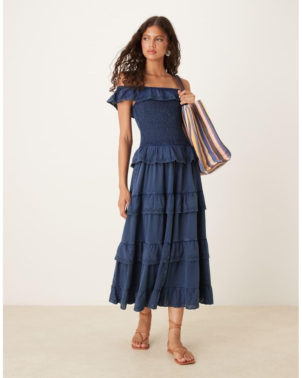 ASOS Blue Premium Shirred Bodice With Ruffle Broderie Detail Maxi Dress