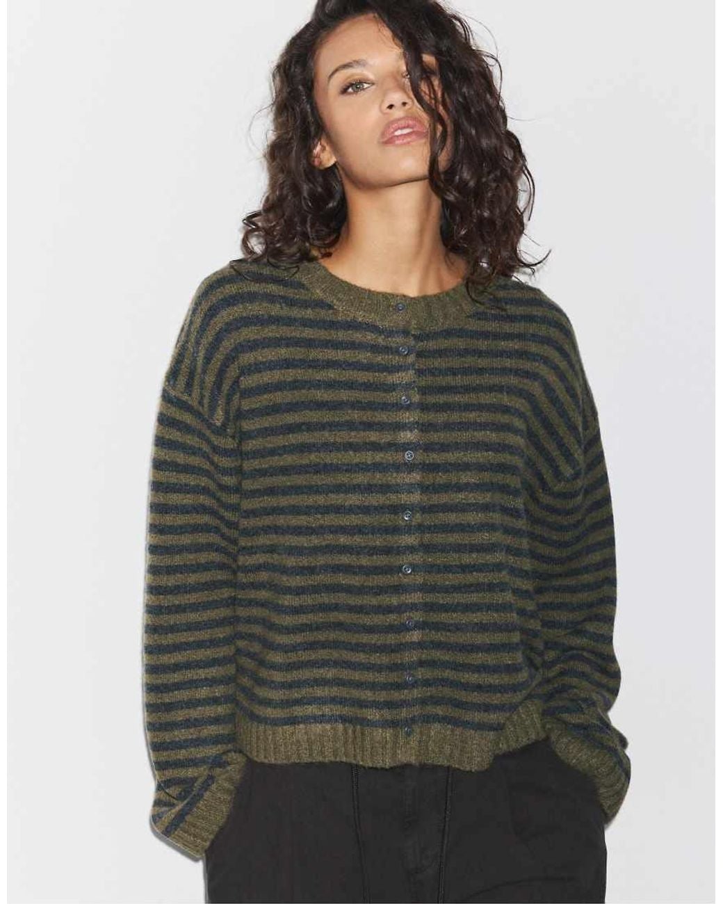 Stradivarius Green Striped Knit Cardigan