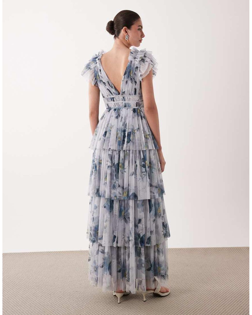 LACE & BEADS White Ruffle Shoulders Tiered Tulle Maxi Dress