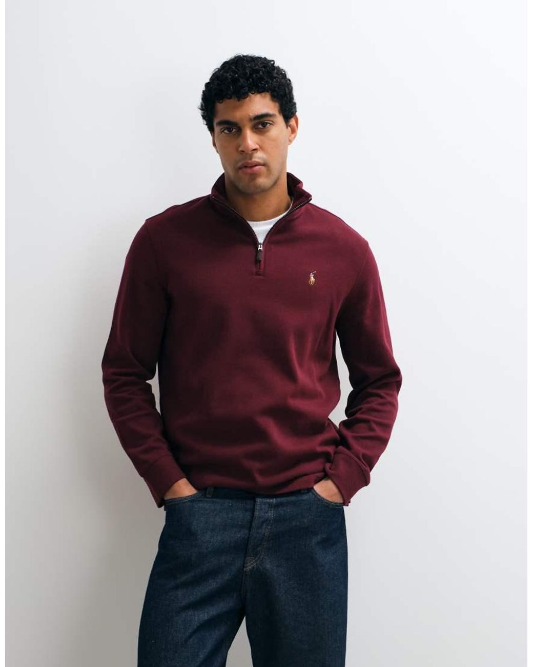 Polo Ralph Lauren Red Icon Logo Estate Rib Quarter Zip Sweatshirt for men