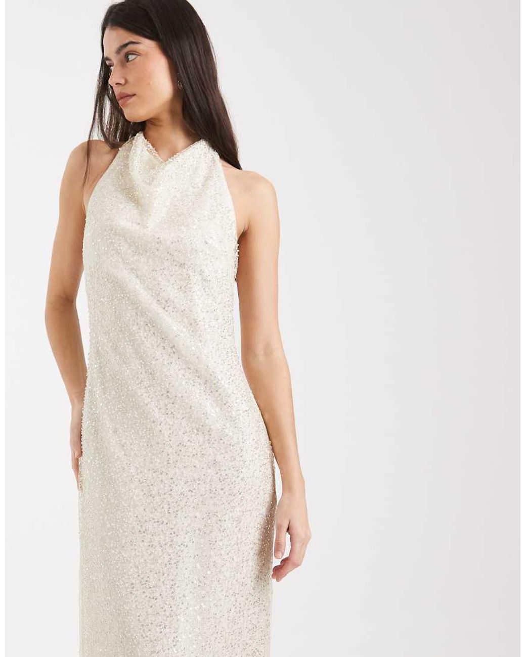 Forever New White Bridal Sequin High Cowl Halter Neck Maxi Dress