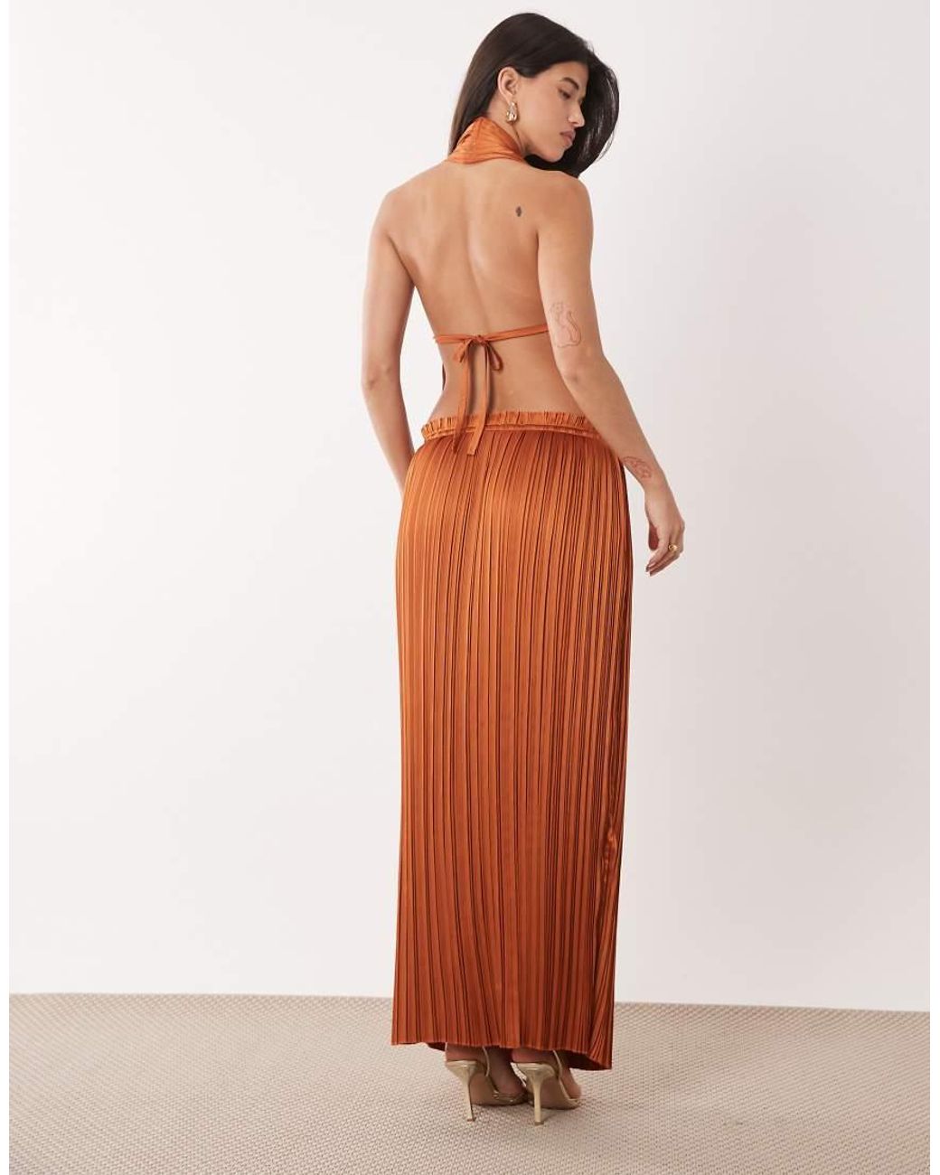 Aria Cove Orange Plisse Frill Waist Detail Maxi Skirt