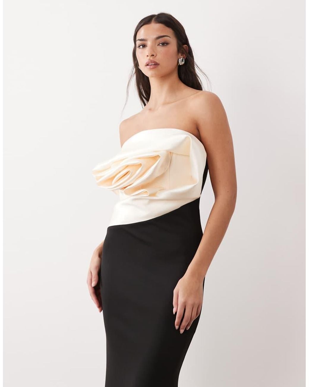 ASOS White Premium Bandeau Crepe Fishtail Maxi Dress With Contrast Satin Corsage