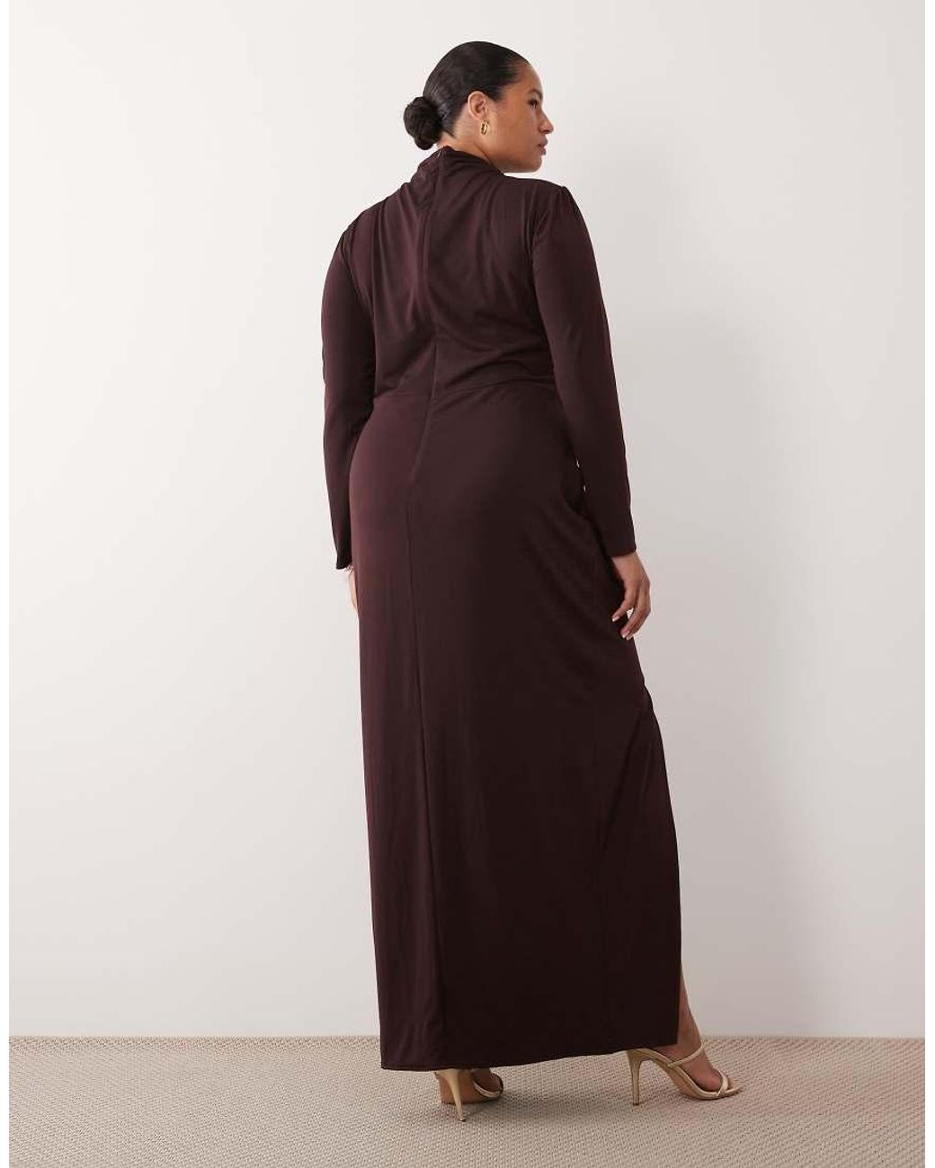 Tfnc Plus Brown Slinky High Neck Long Sleeve High Split Trim Detail Maxi Dress
